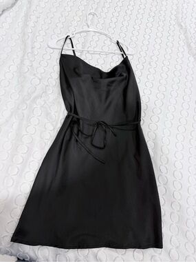 SHEIN Black Satin Cowl Neck Midi Dress with Tie Waist